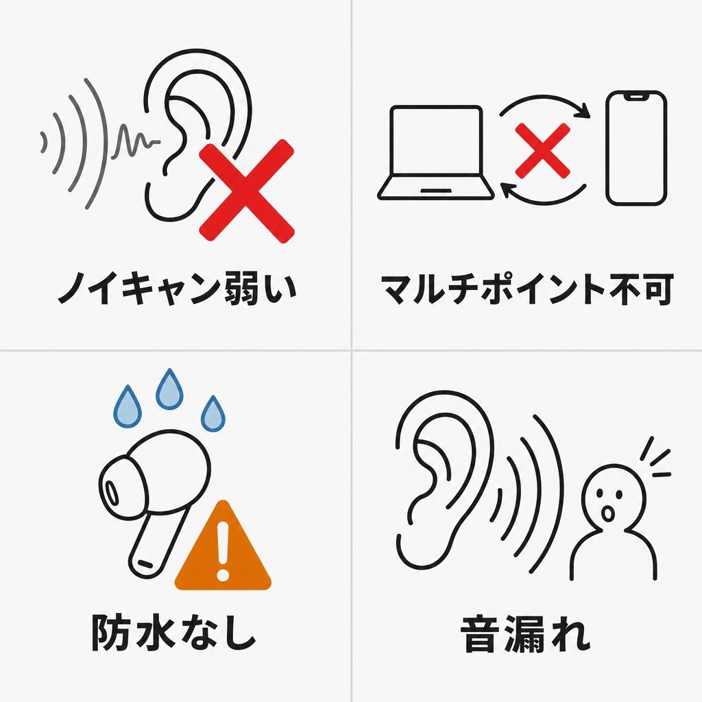 完全ワイヤレスイヤホンの失敗パターン4類型 — ノイキャン弱い・マルチポイント不可・防水なし・音漏れ